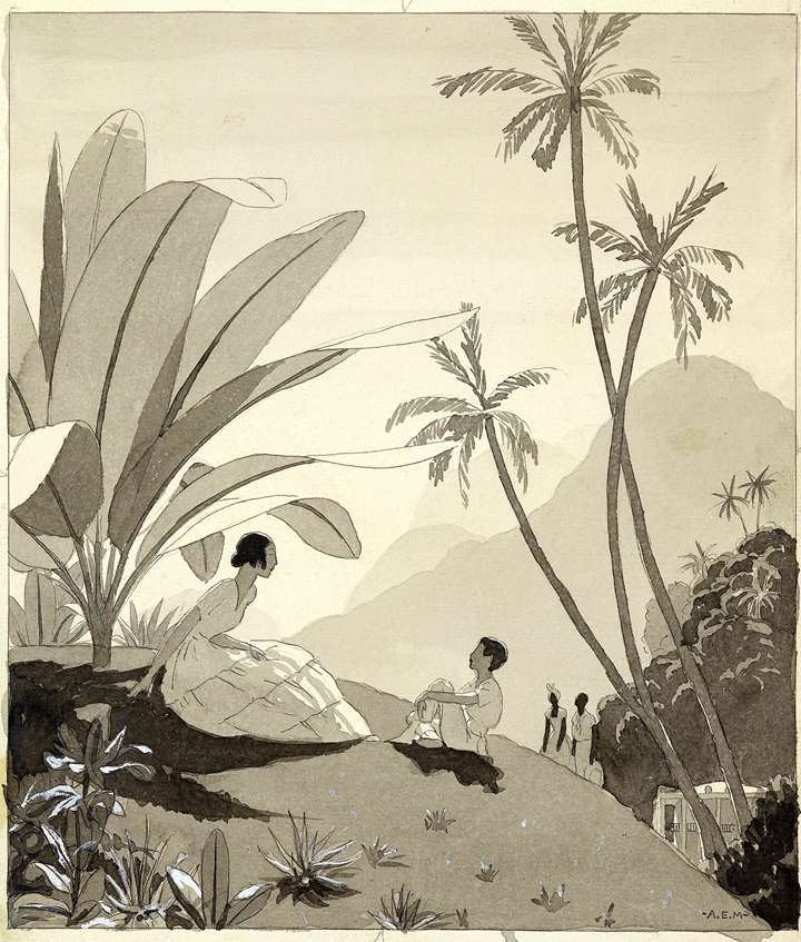 A Woman and Child Seated in a Tropical Landscape